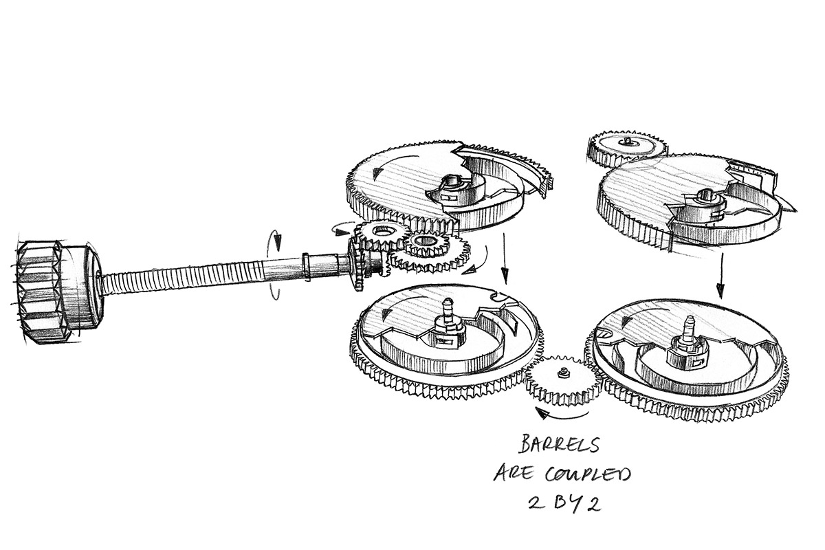 Disegno dei quattro bariletti montati nel calibro L.U.C 98.01-L