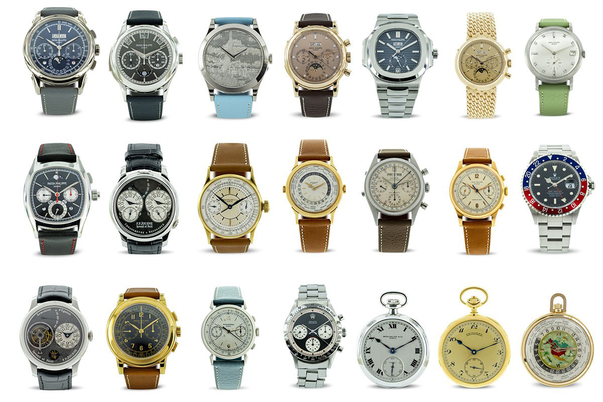 Un collage di orologi esposti nella mostra della Oak Collection