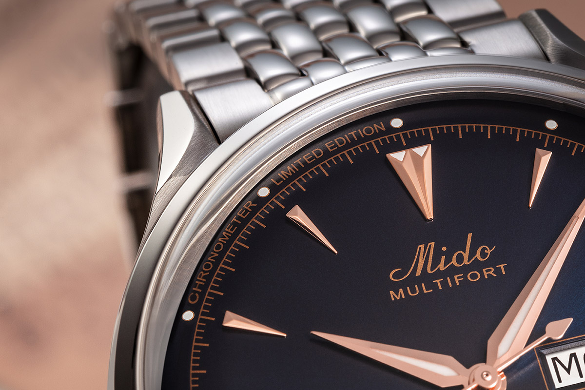Close-up sul quadrante del Mido Multifort Powerwind Chronometer